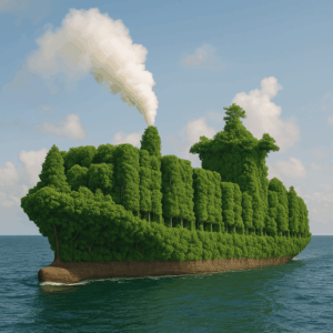 Realistic image of a cargo ship made entirely of trees, representing supply chain sustainability and environmentally conscious ocean freight practices.