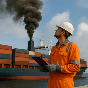 Worker in safety gear aboard a cargo ship holding a clipboard and looking up at smoke emissions, illustrating the importance of carbon incentives in transportation.